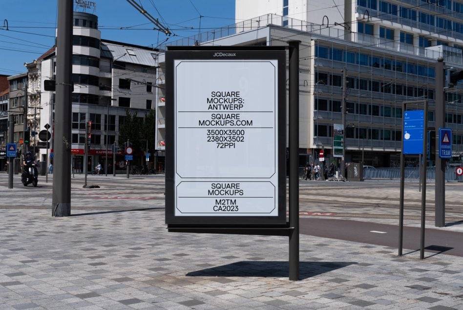 Urban plaza billboard mockup with white screen in busy city center